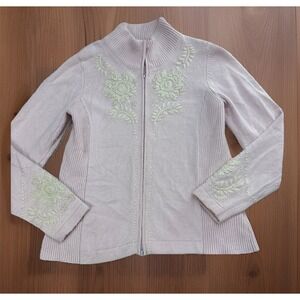 Icelandic design Angora blend Full Zip Sweater Size M Pink embroidered floral